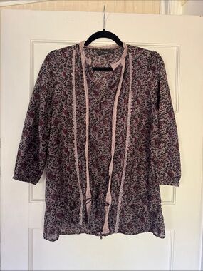Sanctuary Clothing Purple Floral Silk Blouse with Pink Lace Trim